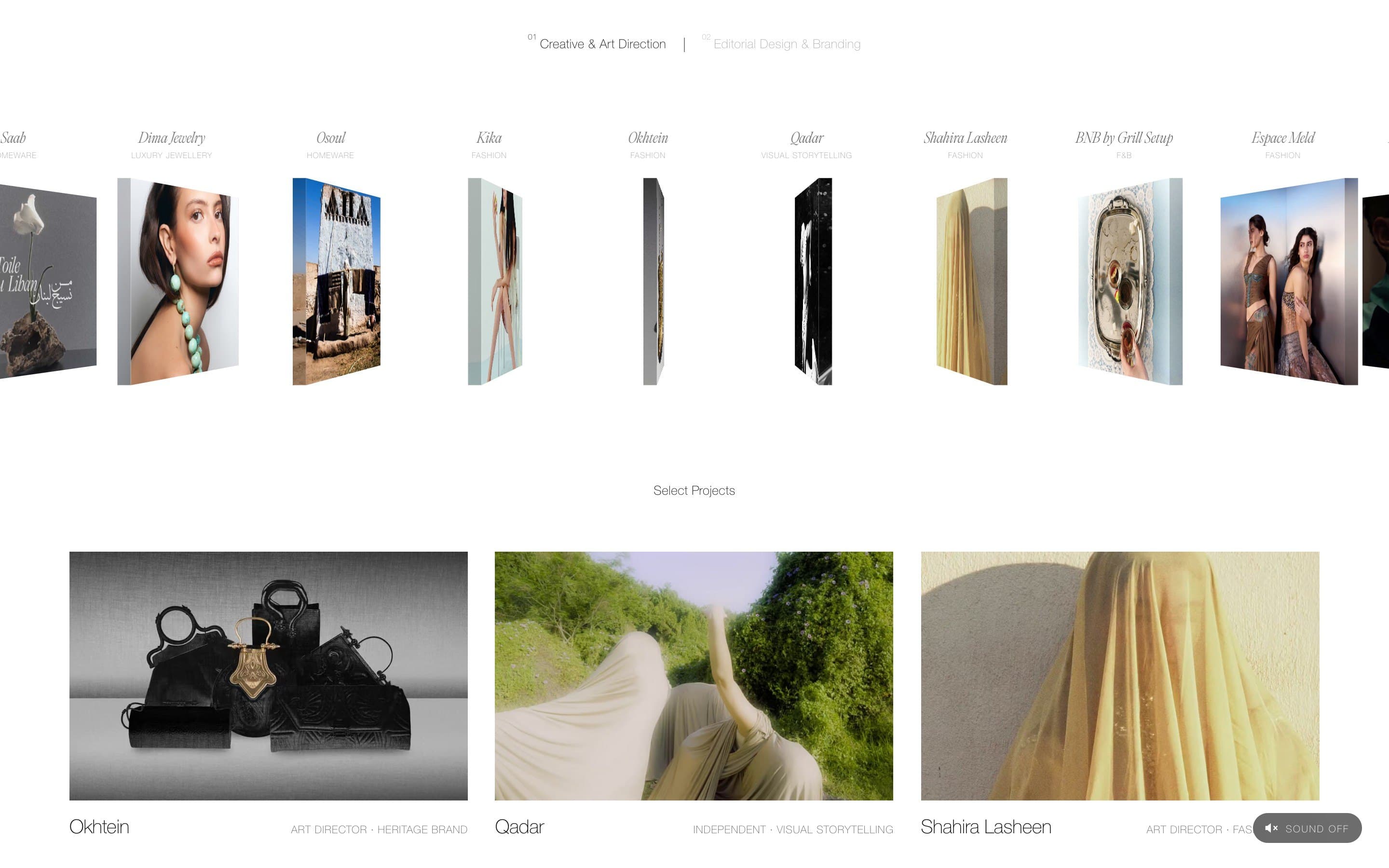 Her projects on a 3D card slider, with selected projects below
