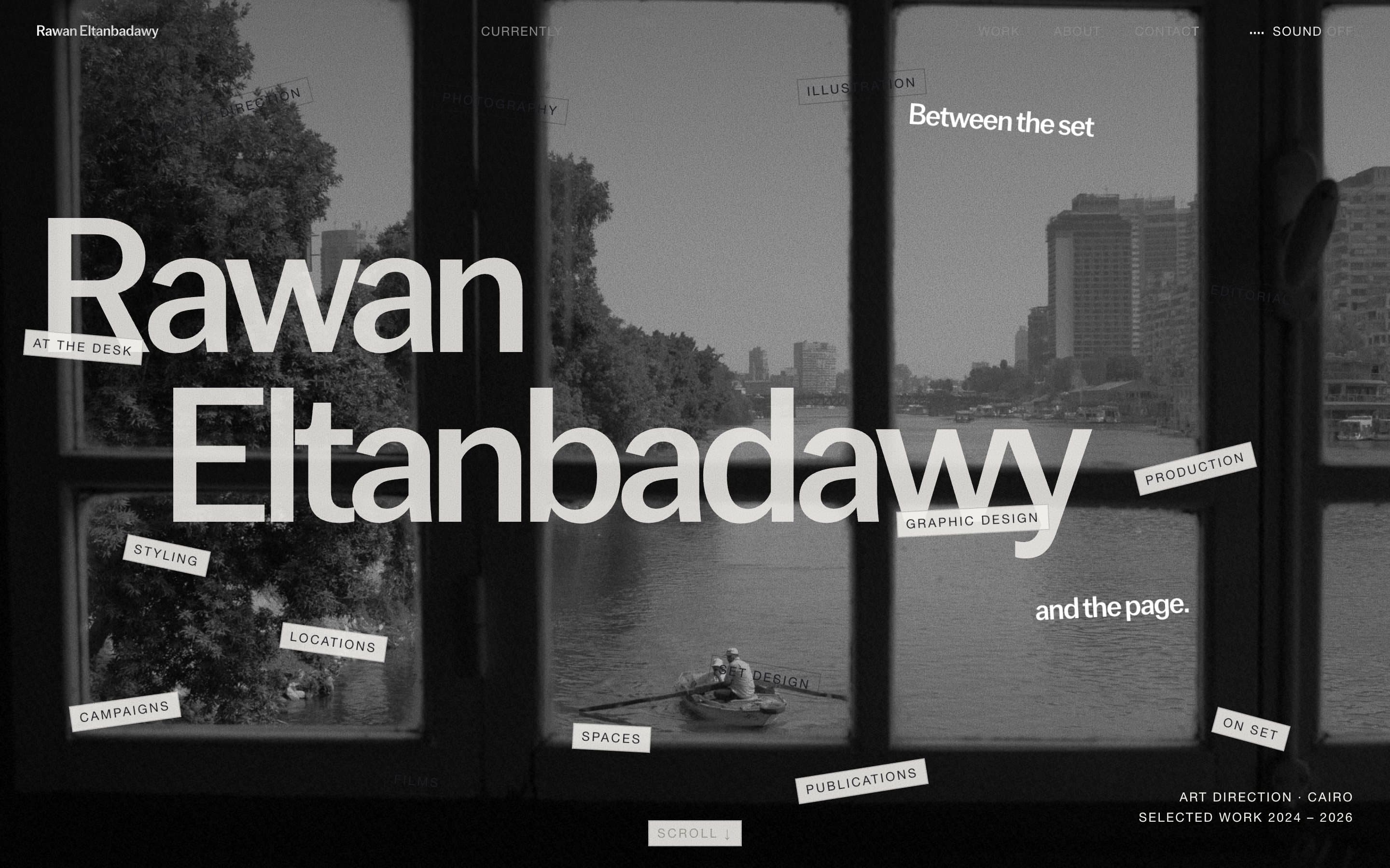 Rawan Eltanbadawy's name over a window onto the Nile, her disciplines scattered across it like labels
