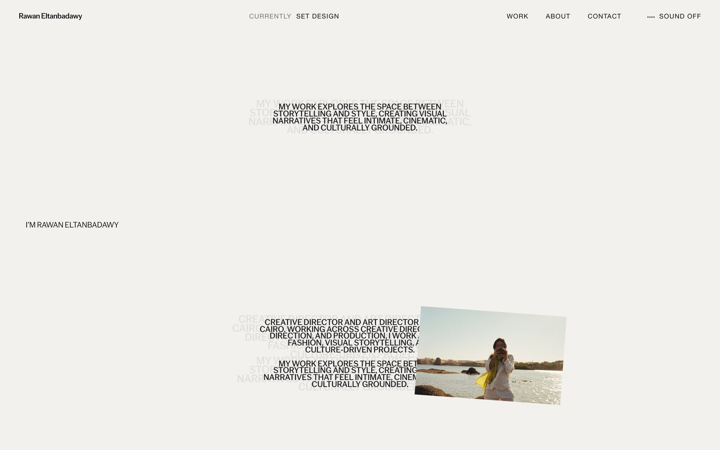 Her about page: her words, with her photograph floating across them