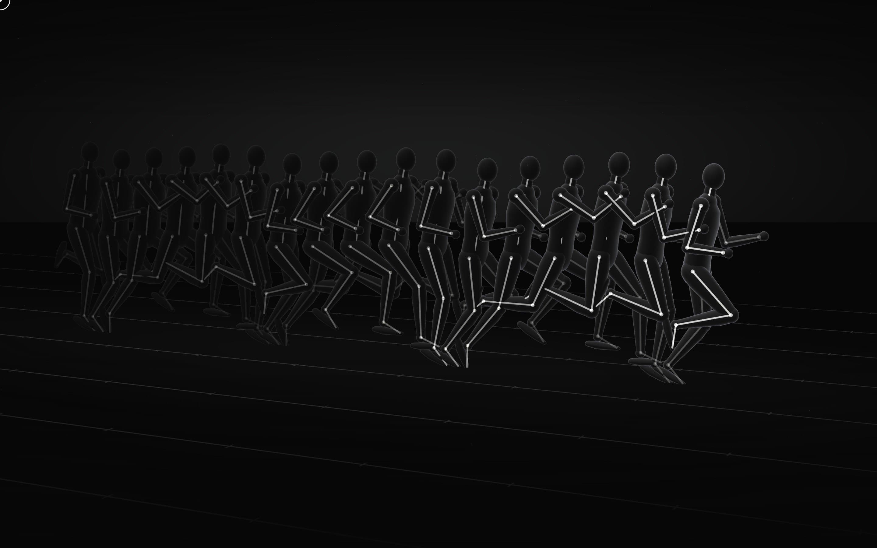 A chronophotograph of a sprinter drawn as white lines on black
