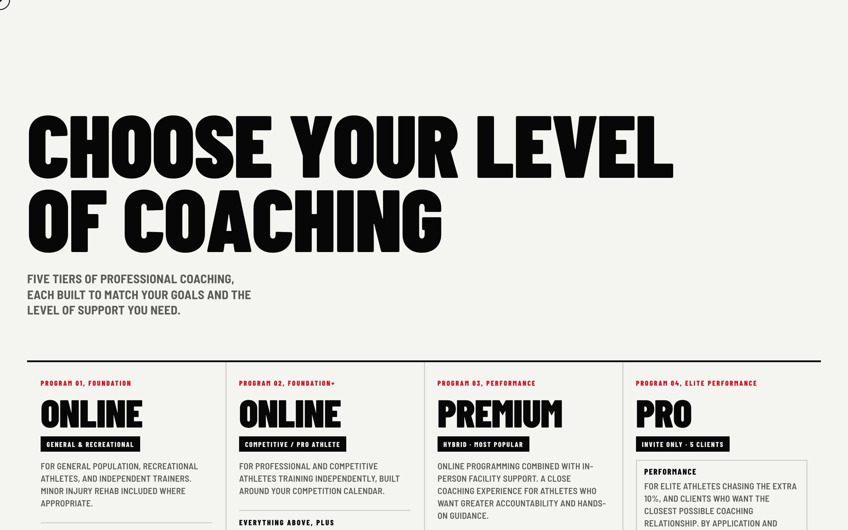 “Choose your level of coaching”: online, premium and pro programs