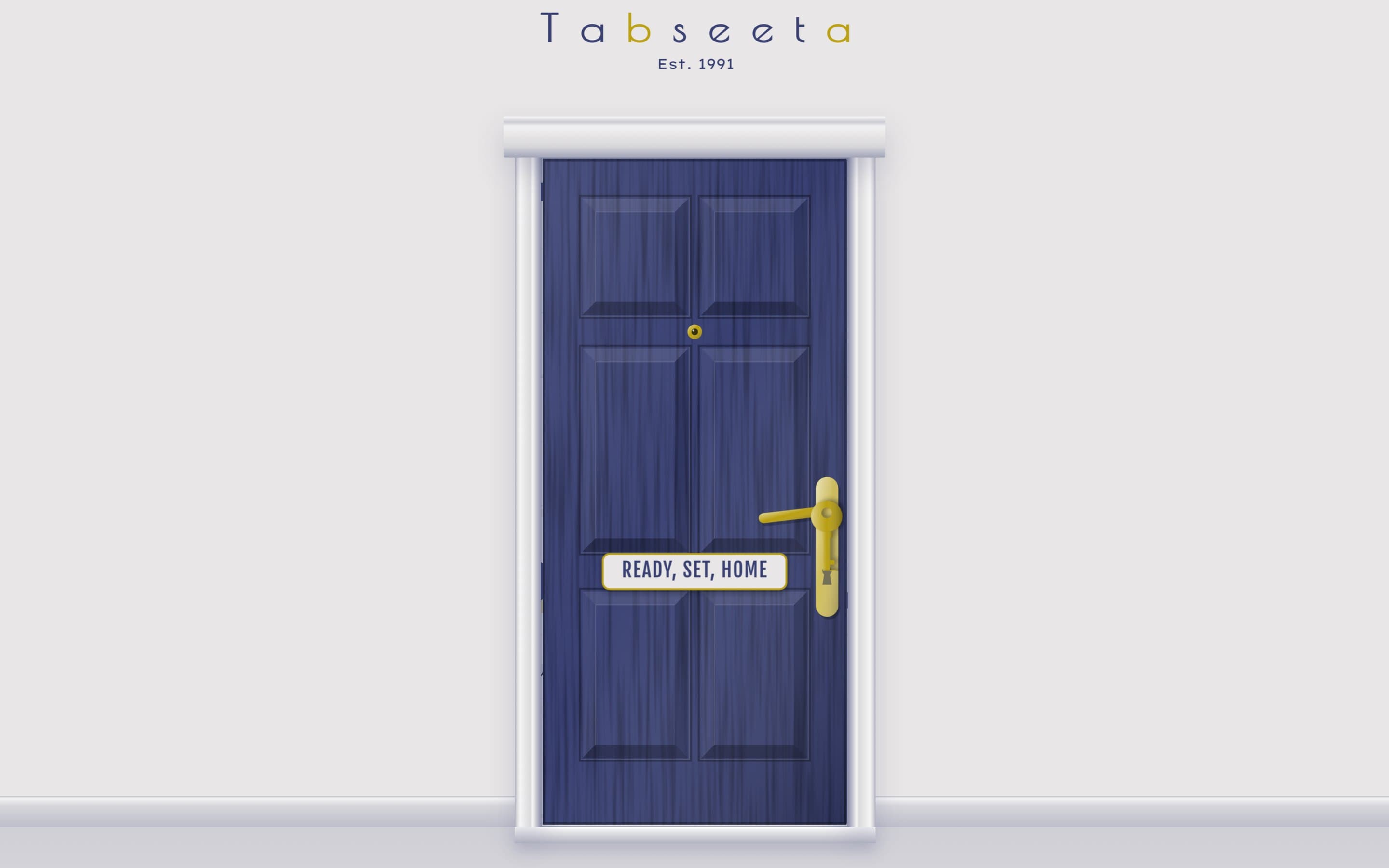 The opening: a navy front door with a brass key in the lock