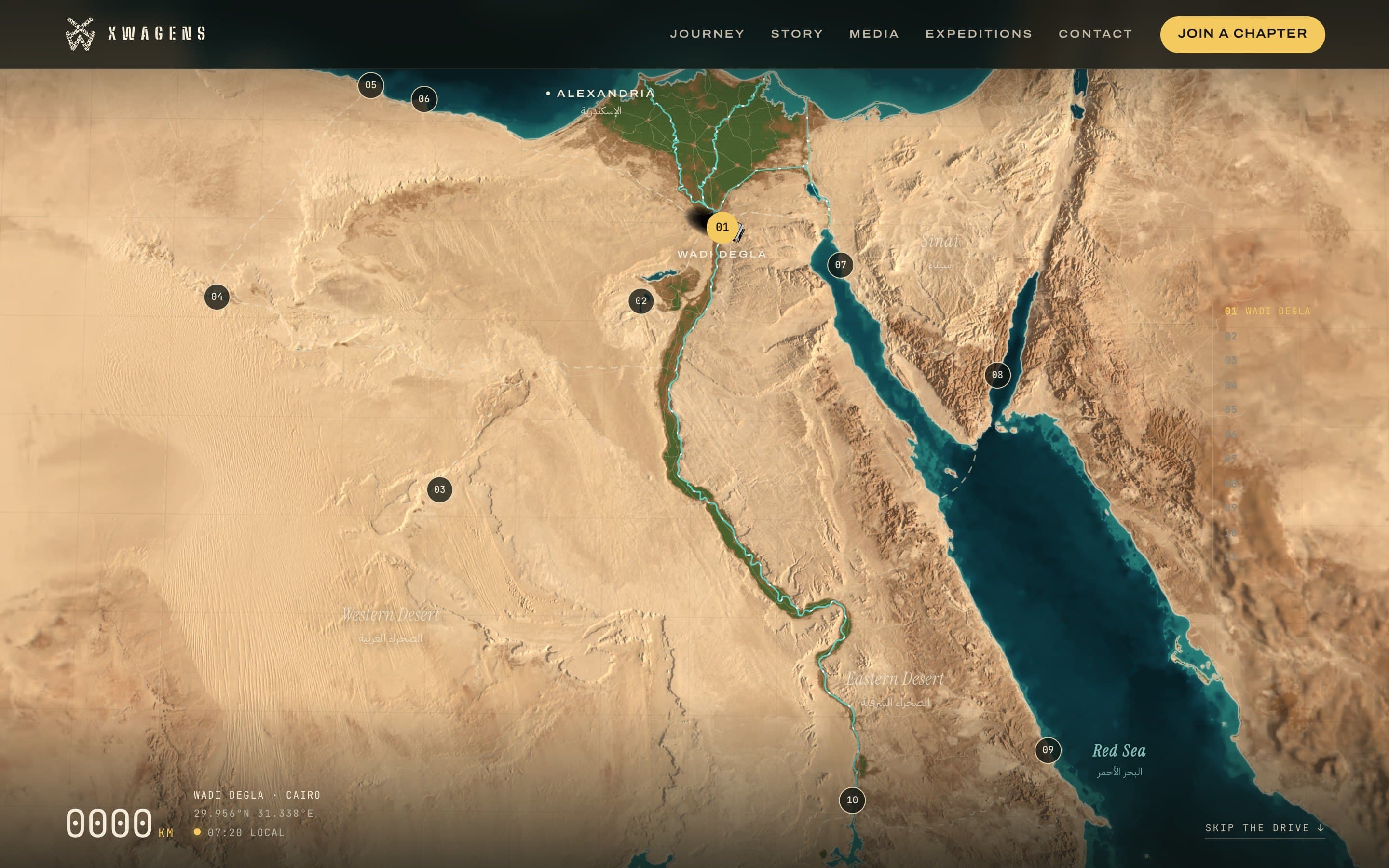 The map of Egypt with the expedition stops marked along the way
