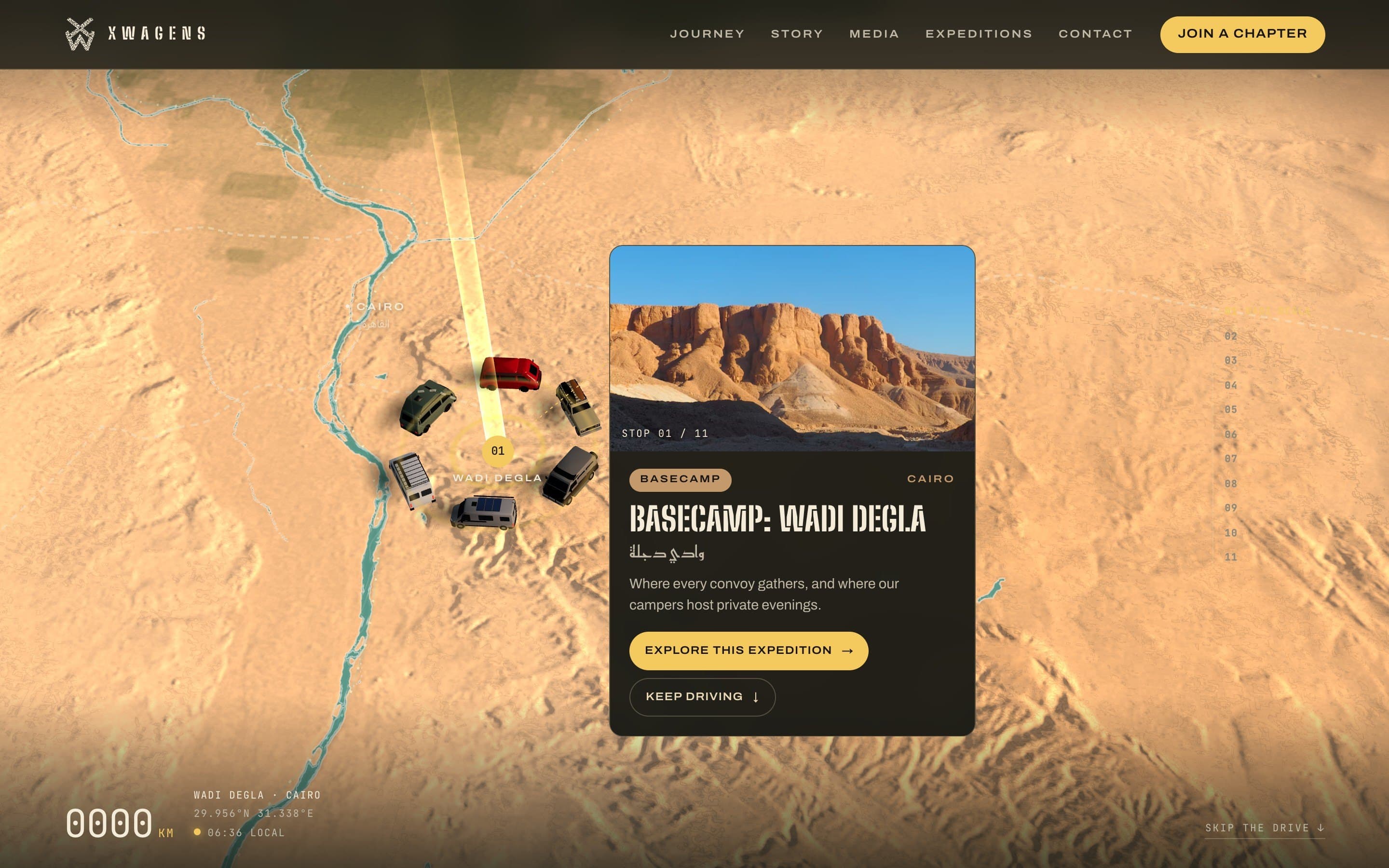 The convoy parked at basecamp in Wadi Degla, with the expedition card open